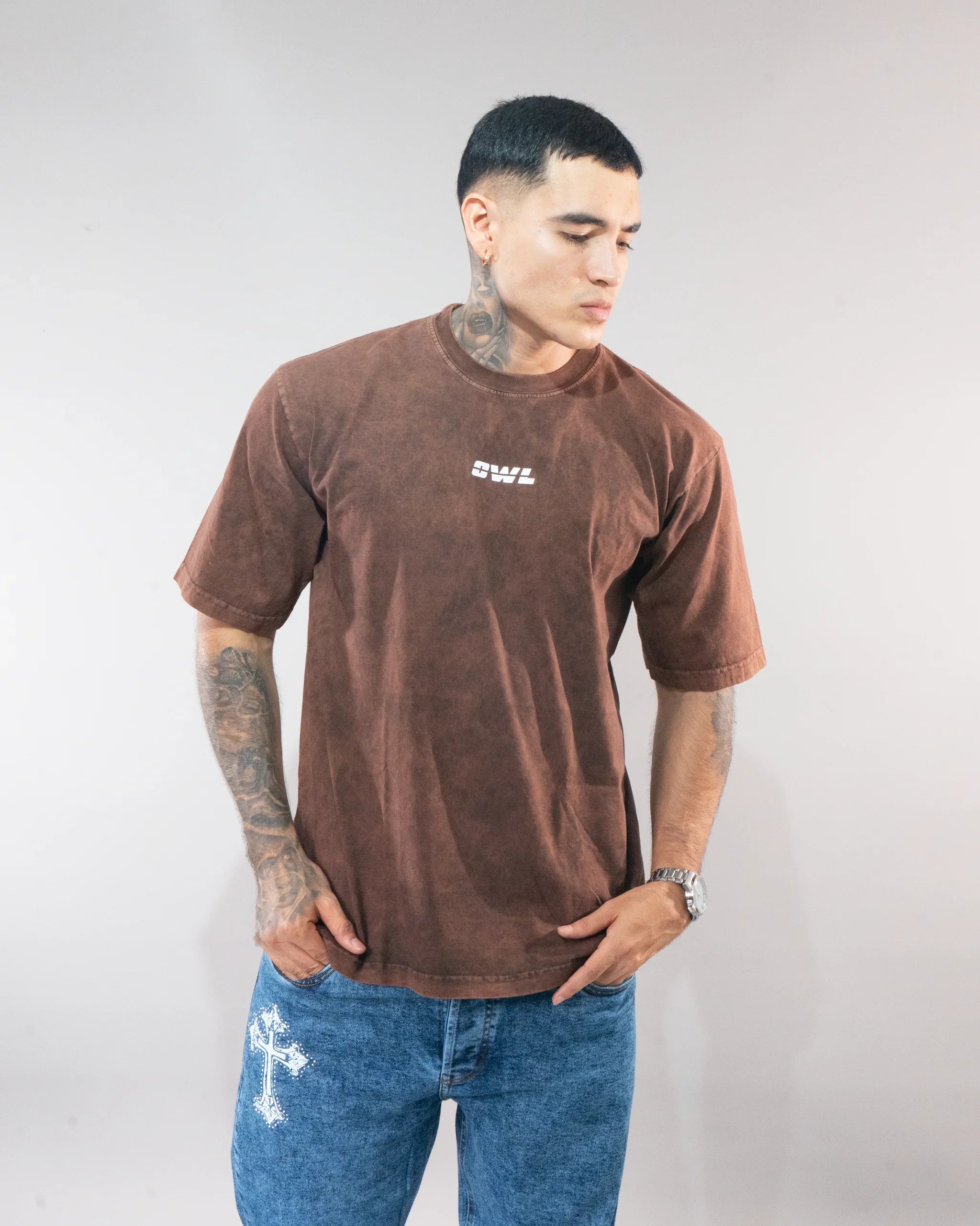 CAMISETA OWL ESSENTIAL CAFE ACID WASH - horma clasica